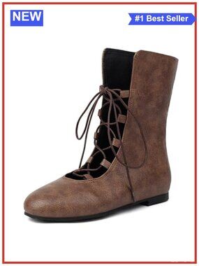 Faux Leather Lace Up Ankle Boots Round Toe Flat Booties